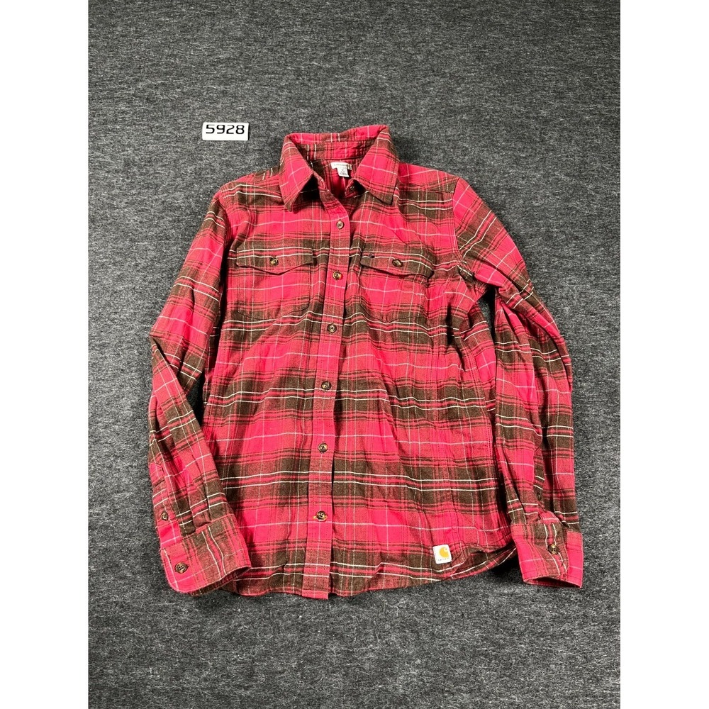 Carhartt Flannel‎ Shirt Womens Medium Red Plaid Collared Button Up Long Sleeve